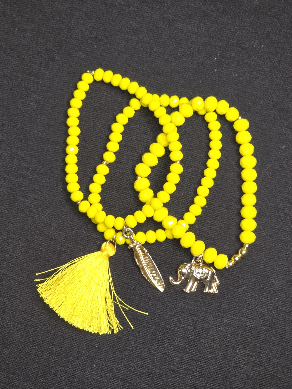 Yellow Beaded Tassel & Charm Stackable Bracelet Set